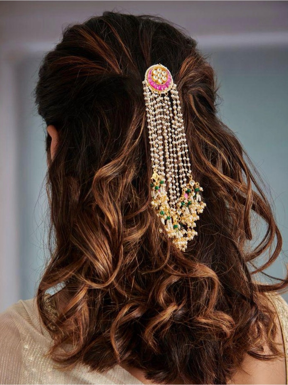 Elegant Pink and Gold Pearl Hair Accessory bridal juda pin, jewelry for hair